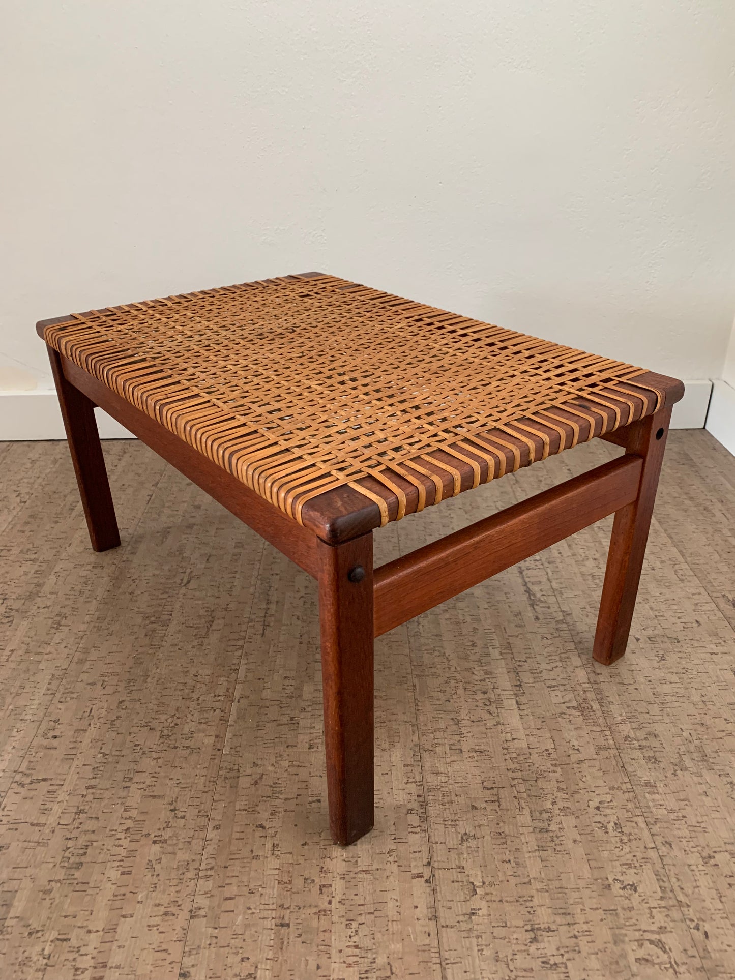 Mid-Century Modern Solid Teak Wood Bench With Original Caning