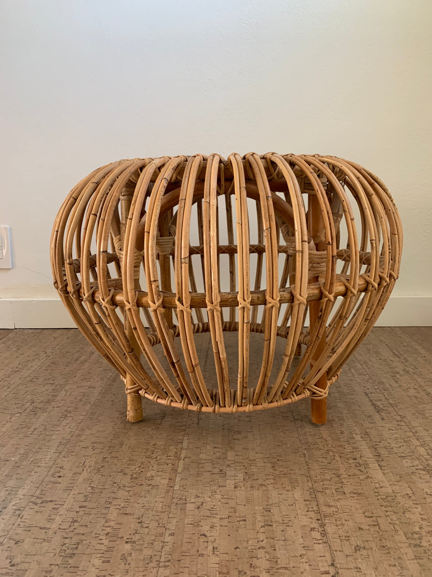 Vintage Mid-Century Modern Rattan Side Table Ottoman Pouf Attributed to Franco Albini