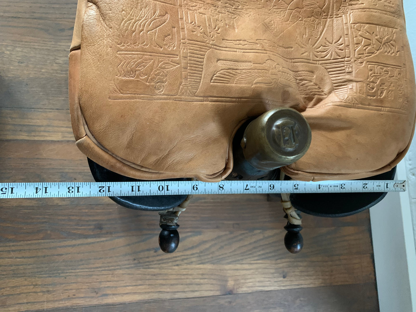 Vintage Leather Camel Saddle Ottoman Stool With Egyptian Motif