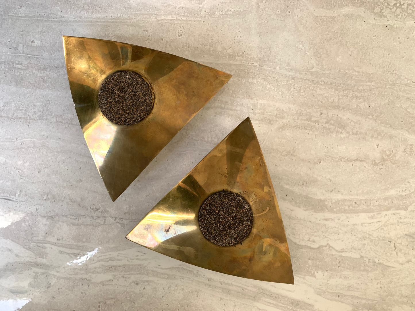 Mid-Century Modern Brass Triangle Boat Form Candle Holders