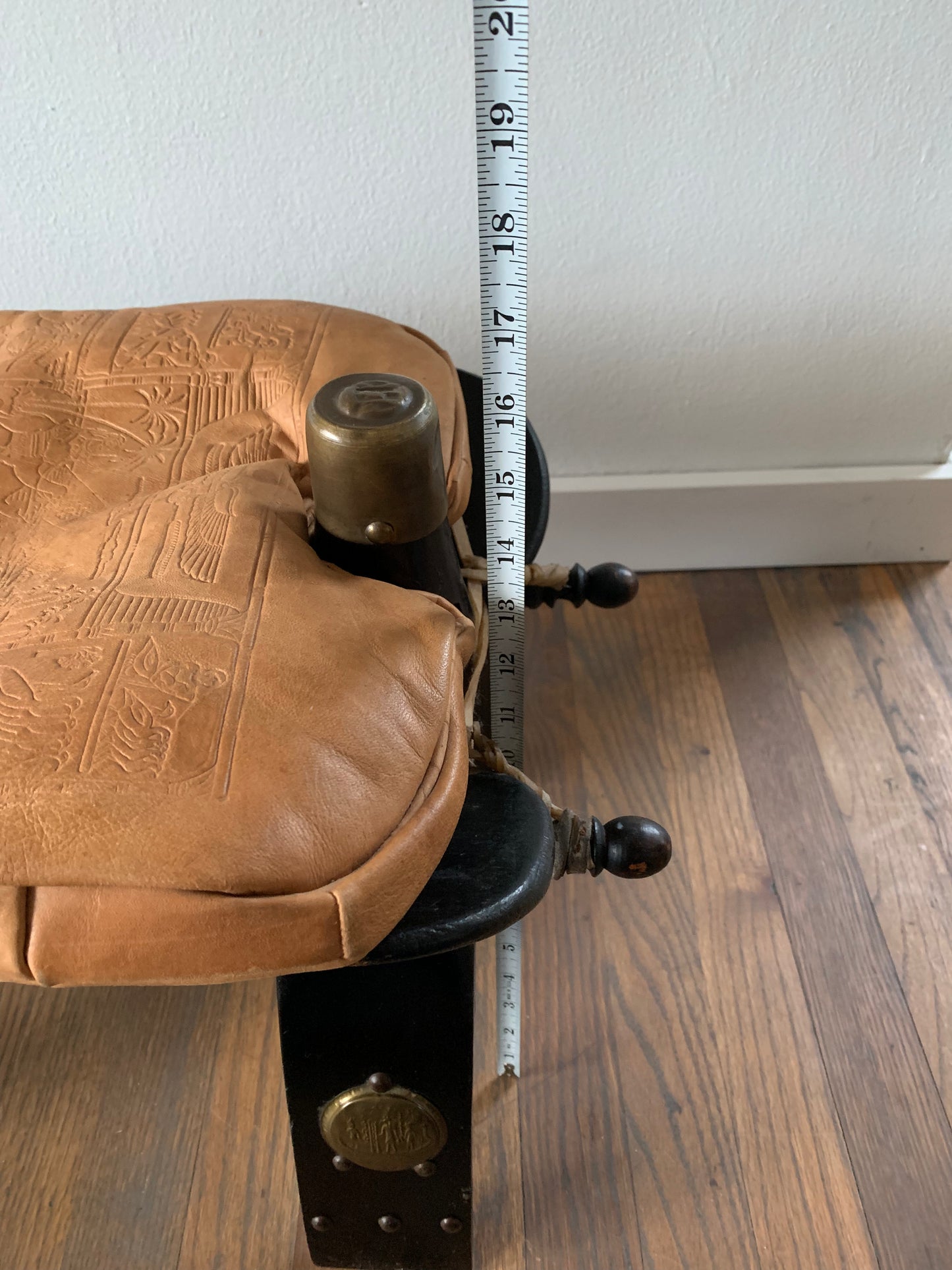 Vintage Leather Camel Saddle Ottoman Stool With Egyptian Motif