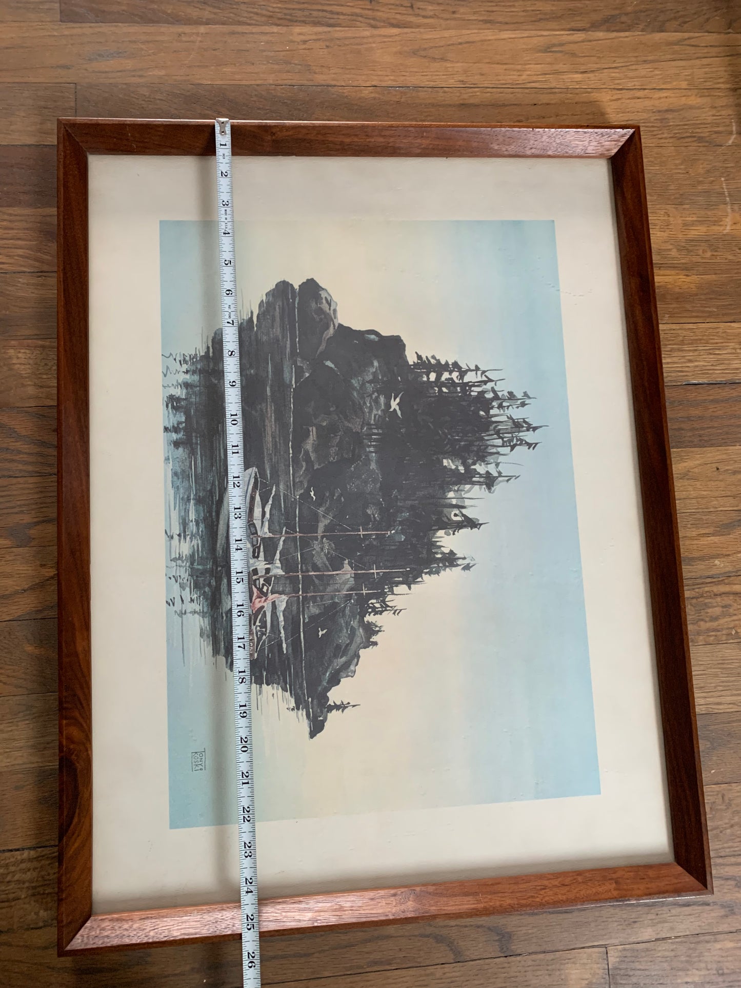 Mid-Century Modern Walnut Framed Coastal Lithograph Art of Island and Small Boats, Signed by Artist Tony Koski