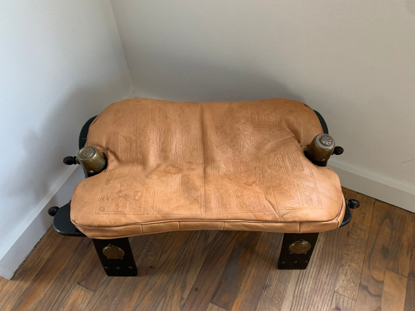 Vintage Leather Camel Saddle Ottoman Stool With Egyptian Motif