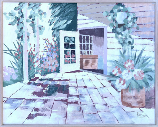 Late 20th Century Postmodern Style Embellished Print on Canvas of a Veranda Garden Scene by Karson