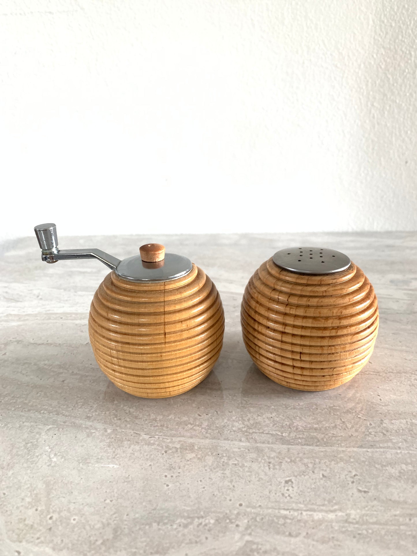 Vintage 1970s Blonde Wood Beehive Salt & Pepper Shakers