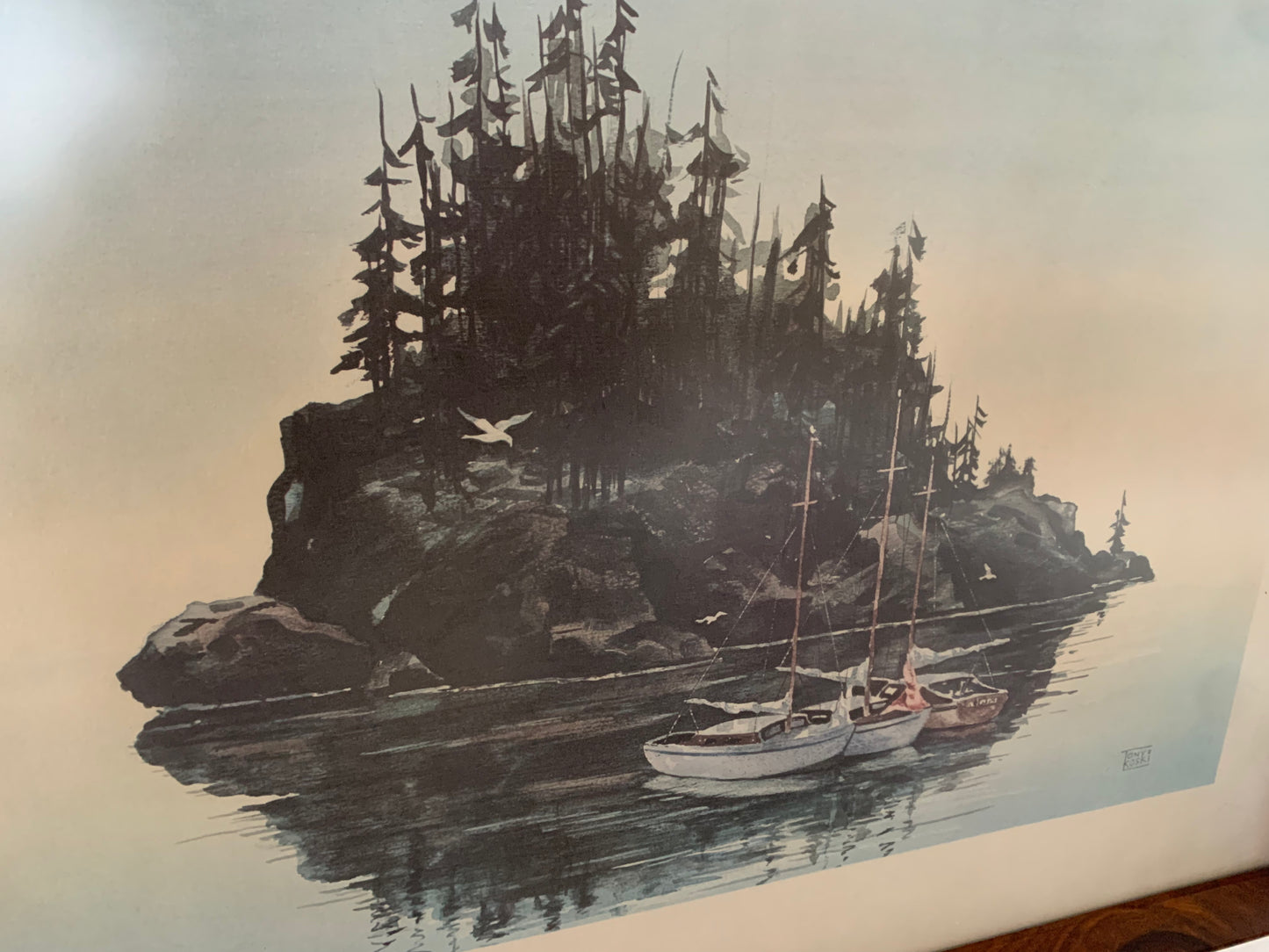 Mid-Century Modern Walnut Framed Coastal Lithograph Art of Island and Small Boats, Signed by Artist Tony Koski