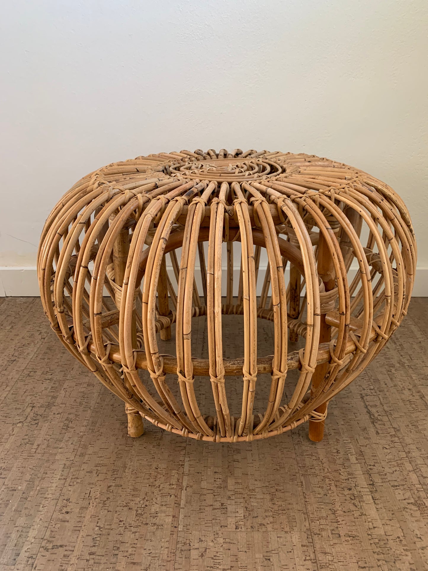 Vintage Mid-Century Modern Rattan Side Table Ottoman Pouf Attributed to Franco Albini