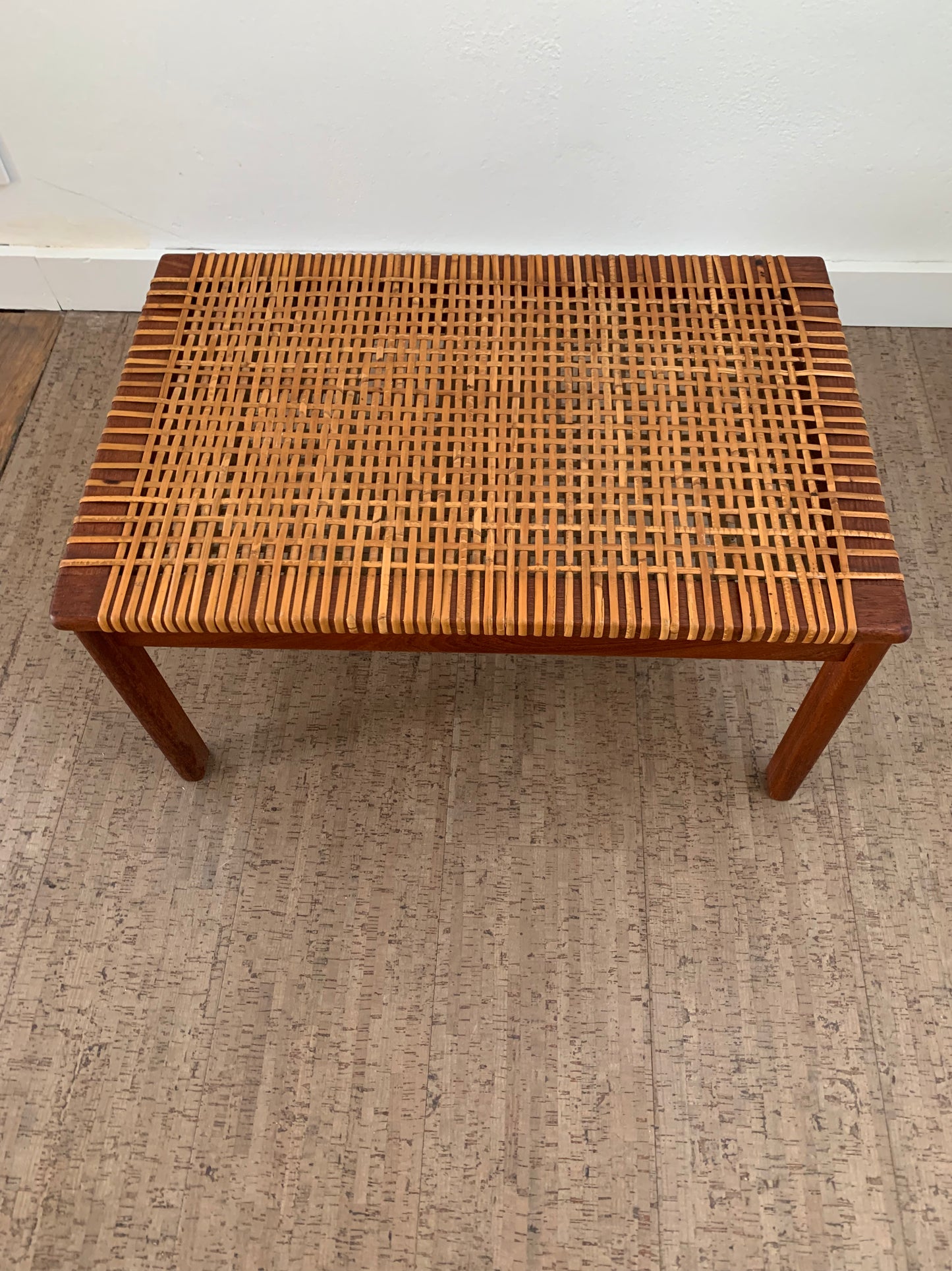 Mid-Century Modern Solid Teak Wood Bench With Original Caning