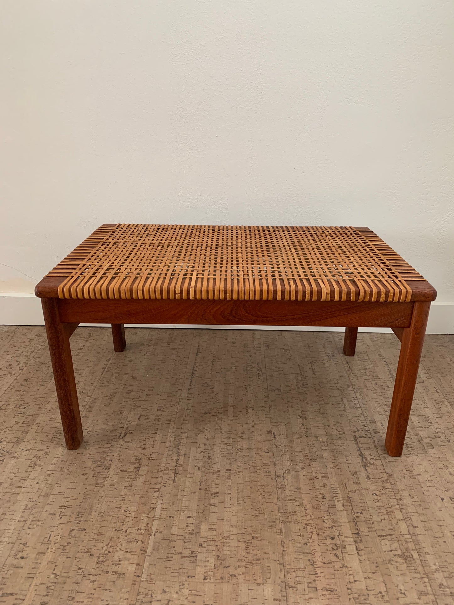 Mid-Century Modern Solid Teak Wood Bench With Original Caning