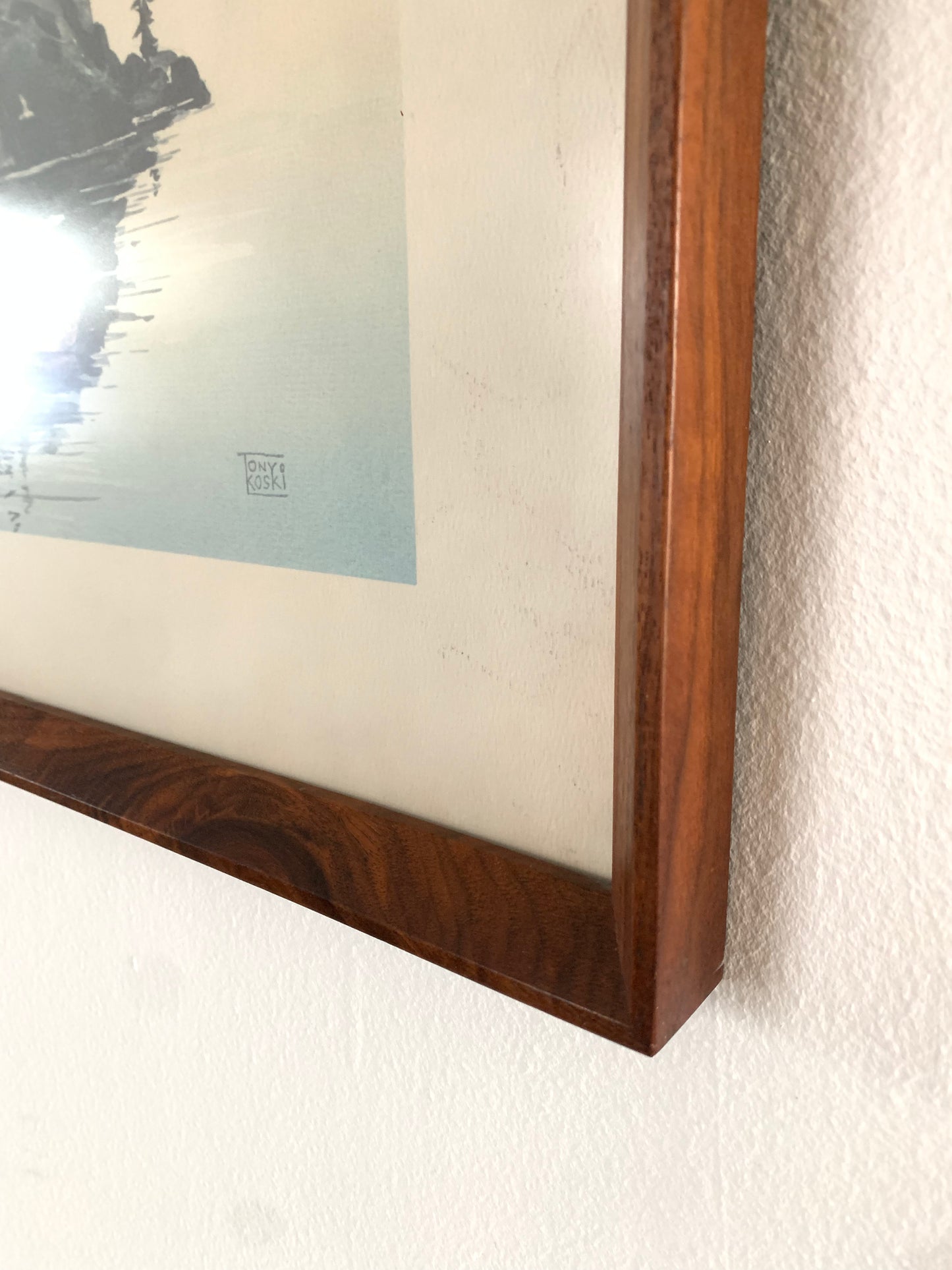 Mid-Century Modern Walnut Framed Coastal Lithograph Art of Island and Small Boats, Signed by Artist Tony Koski