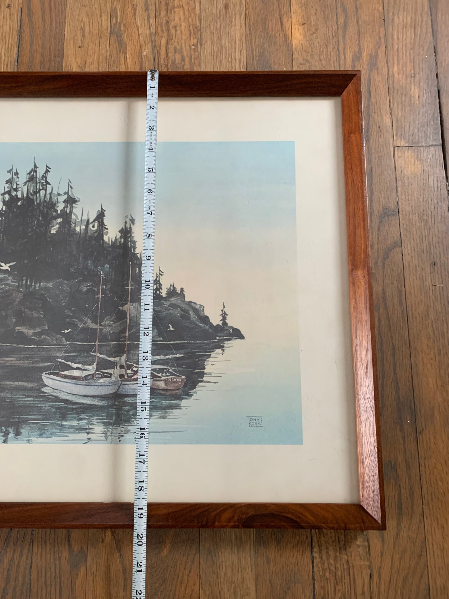 Mid-Century Modern Walnut Framed Coastal Lithograph Art of Island and Small Boats, Signed by Artist Tony Koski