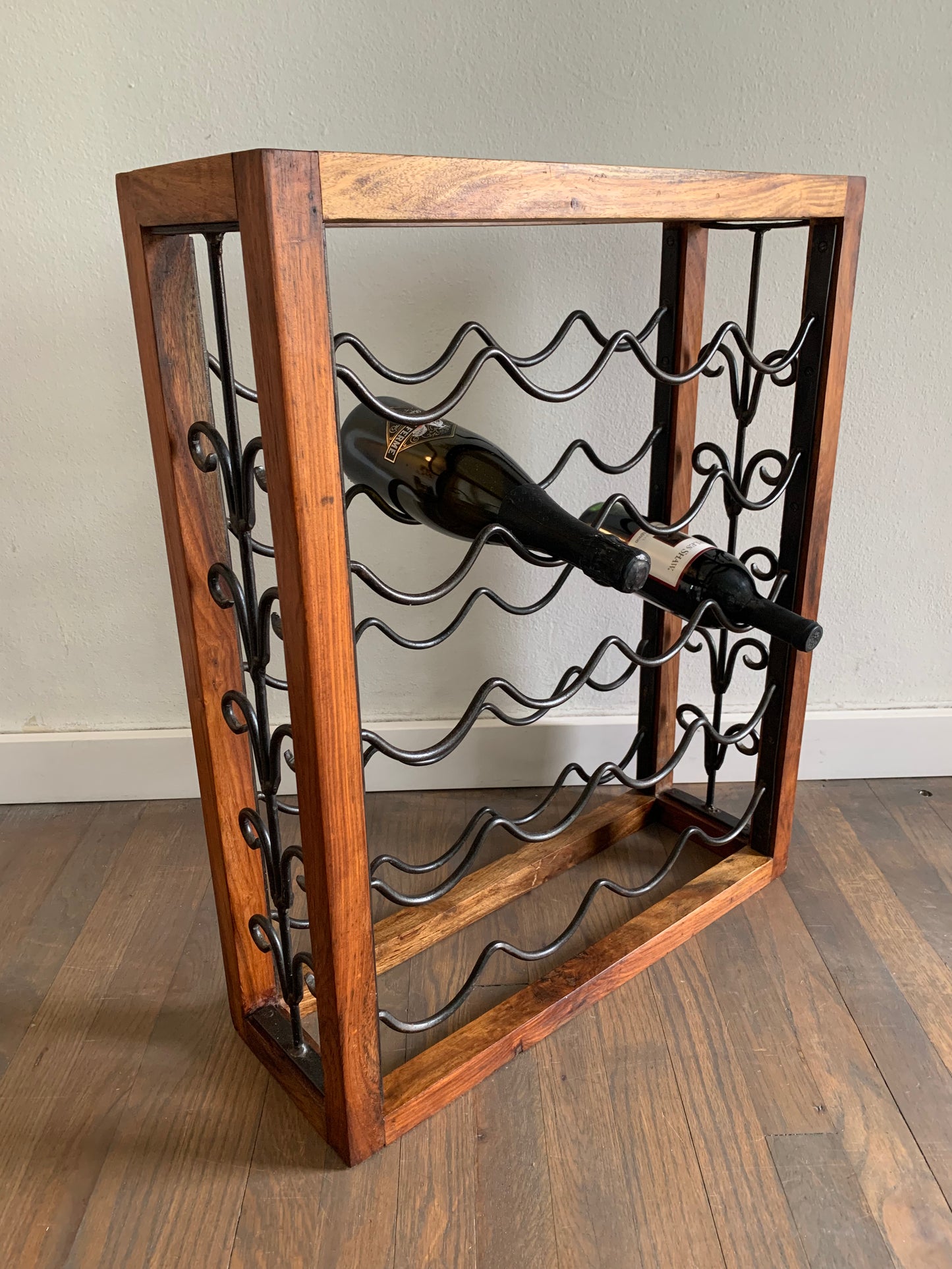 Vintage Brazilwood Rustic Hardwood & Wrought Iron Wine Rack