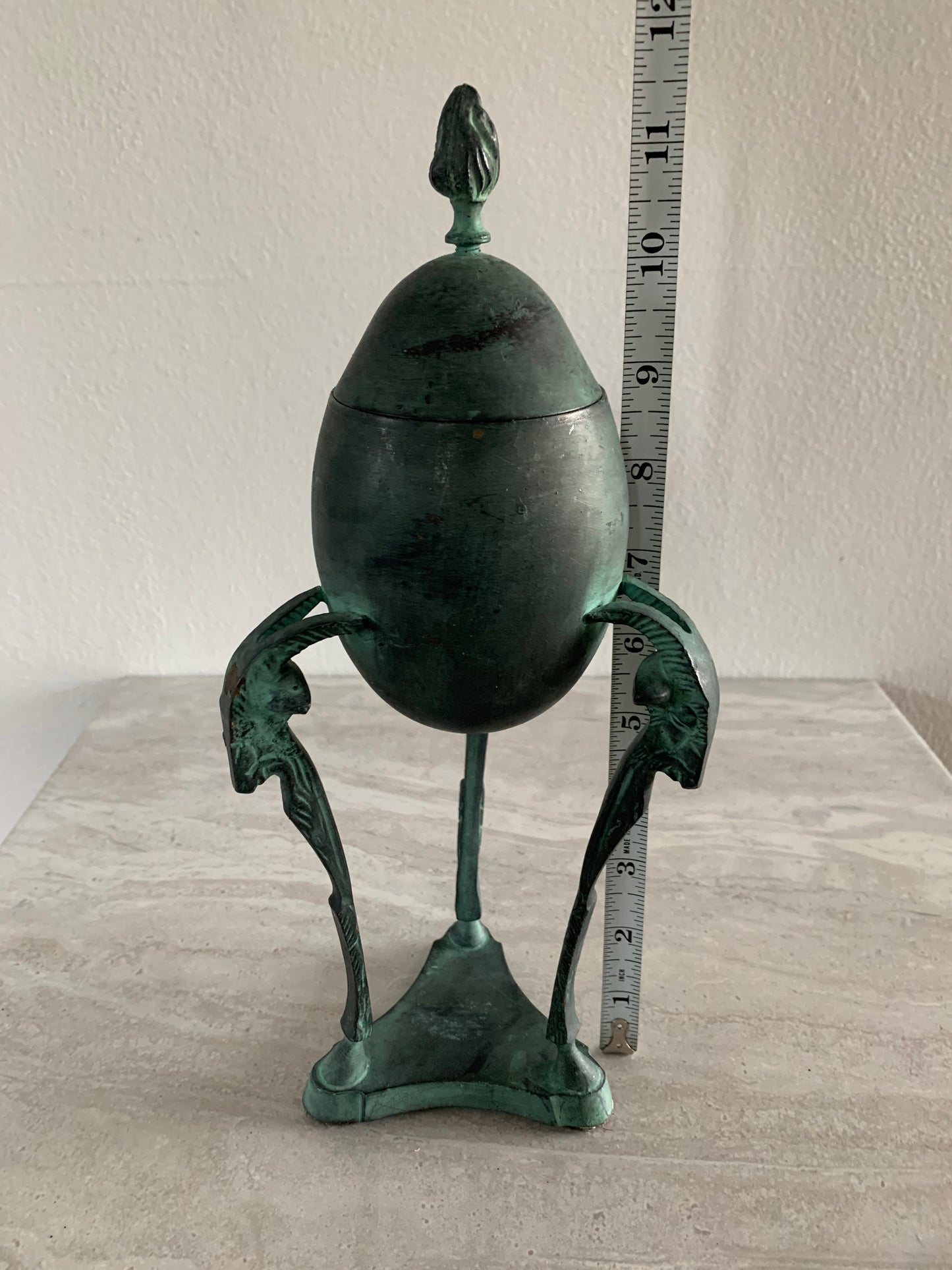 Mid 20th Century Vintage Brass Ram Lidded Egg Urn Footed Stand With Patina