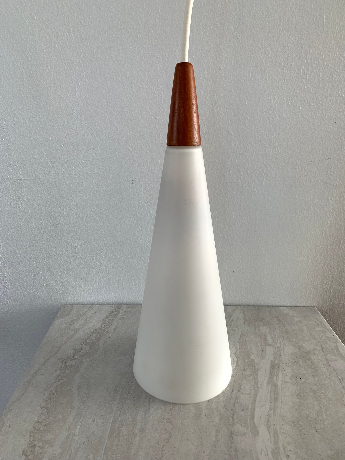 Holmegaard Danish Frosted Glass & Teak Cone Pendandt Light Fixture