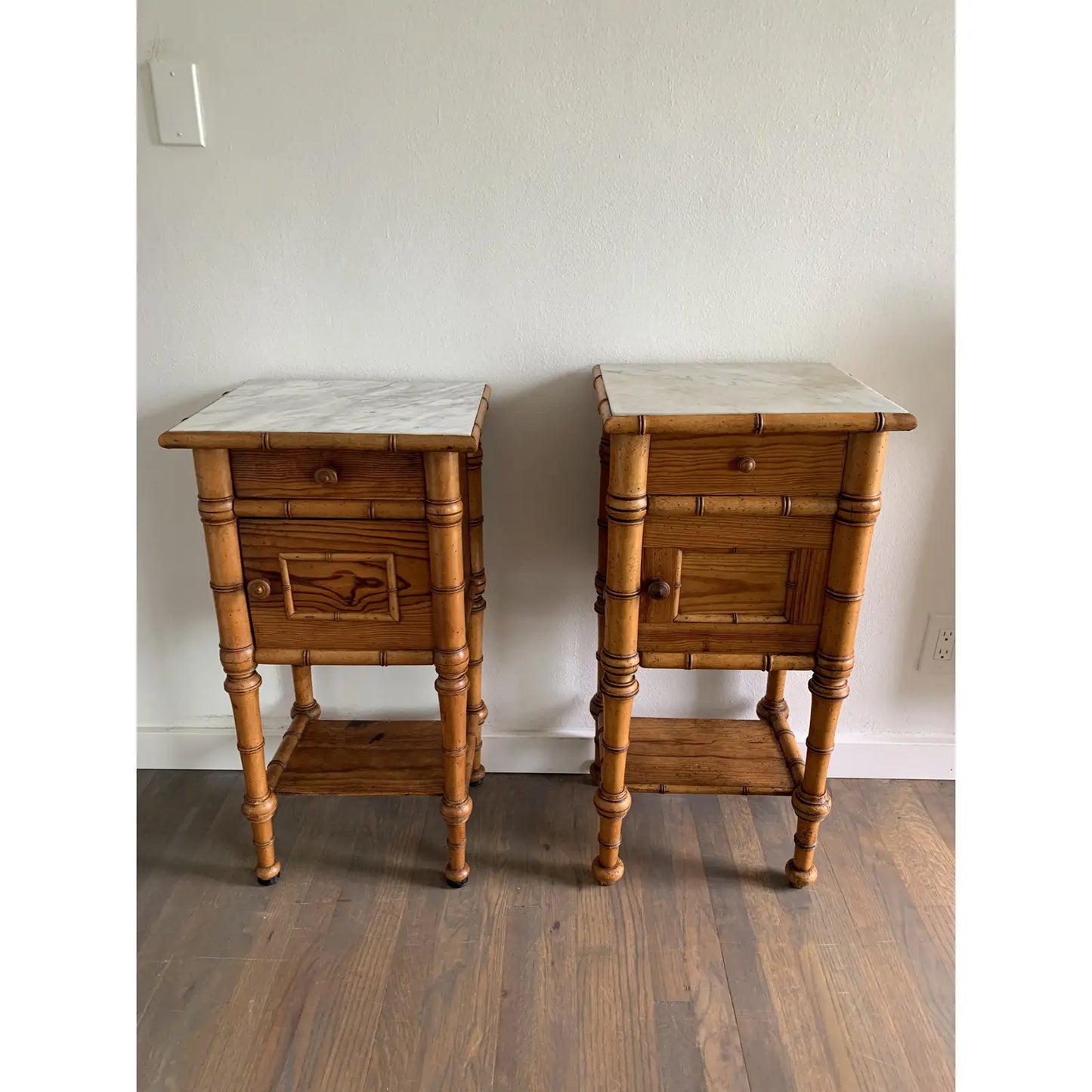 Early 20th Century French Colonial Fir and Marble Safari Style Side Tables - Set of 2