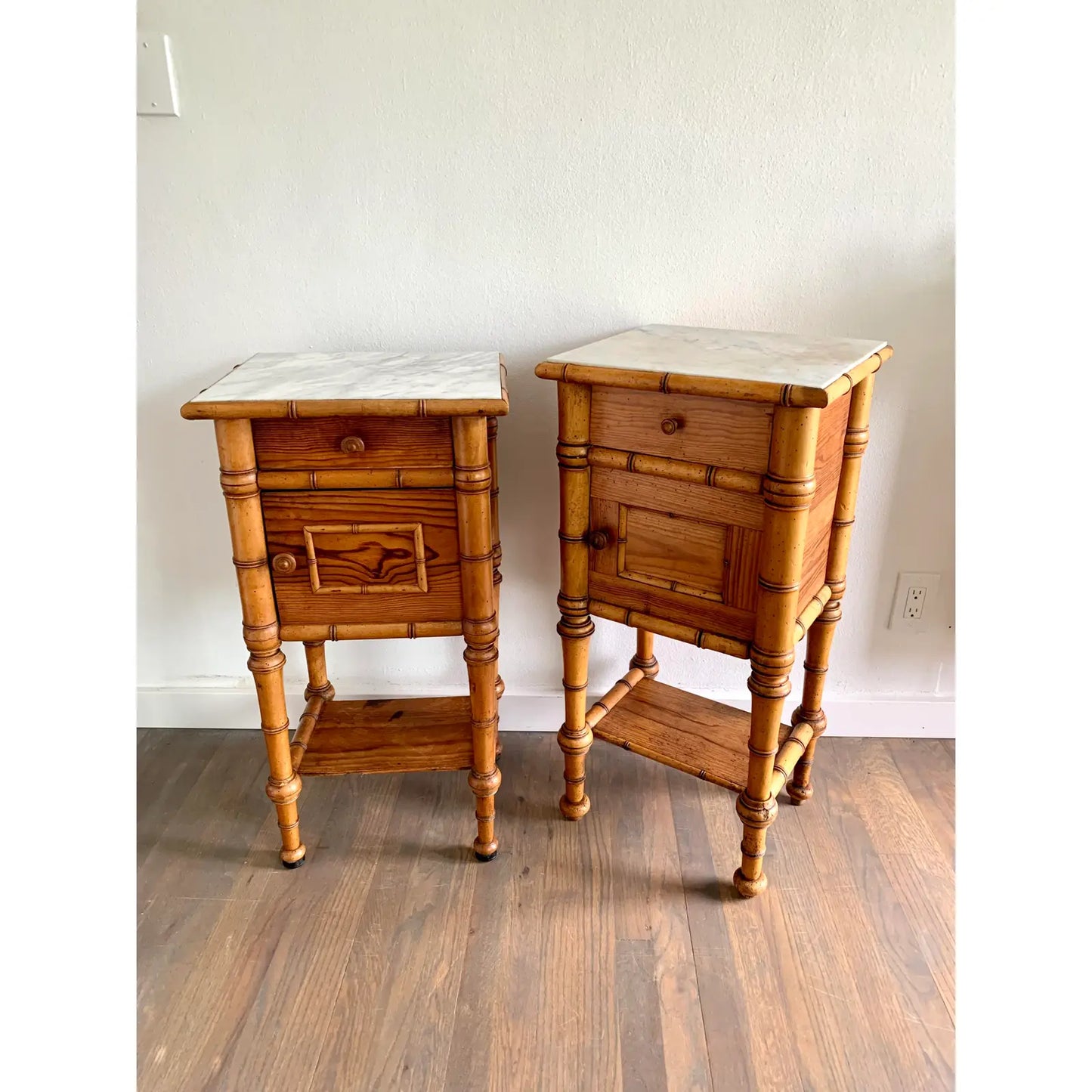 Early 20th Century French Colonial Fir and Marble Safari Style Side Tables - Set of 2