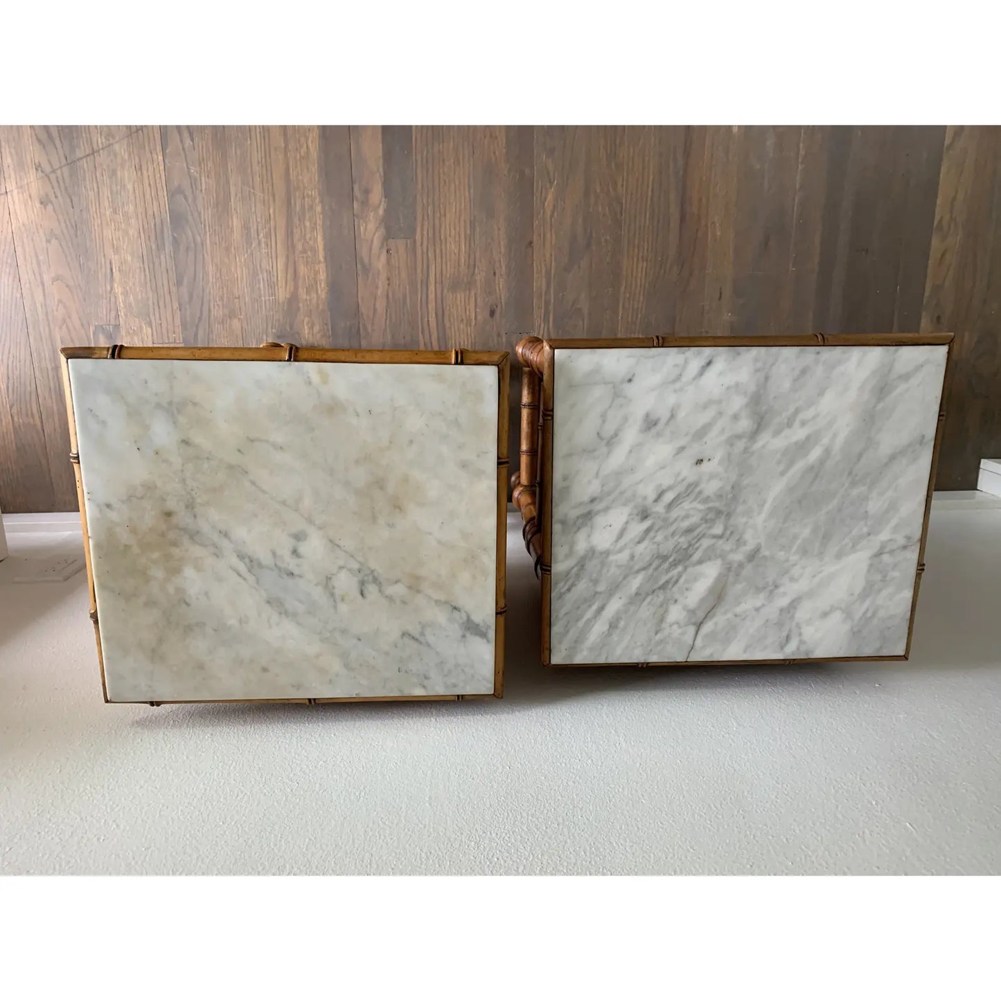 Early 20th Century French Colonial Fir and Marble Safari Style Side Tables - Set of 2