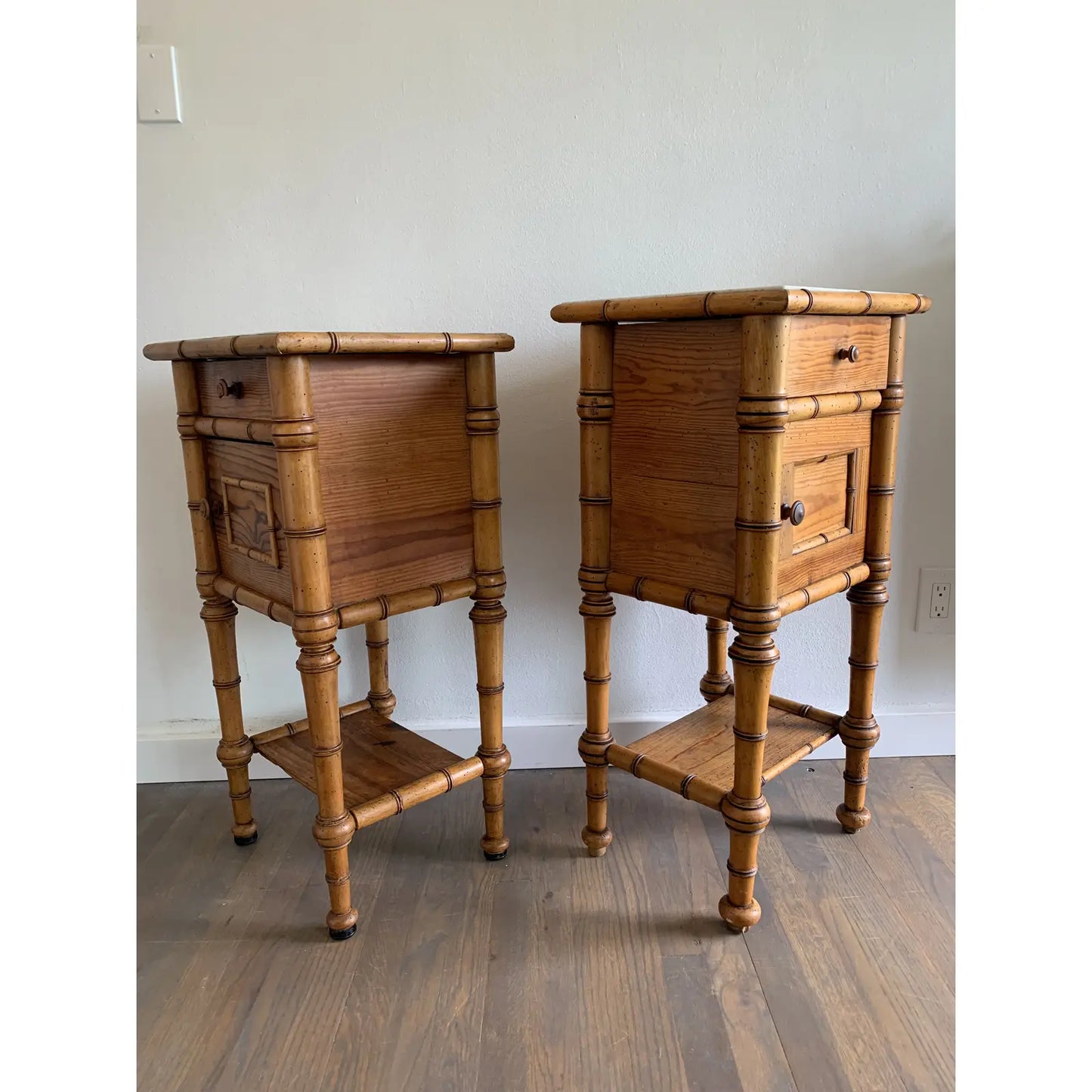 Early 20th Century French Colonial Fir and Marble Safari Style Side Tables - Set of 2