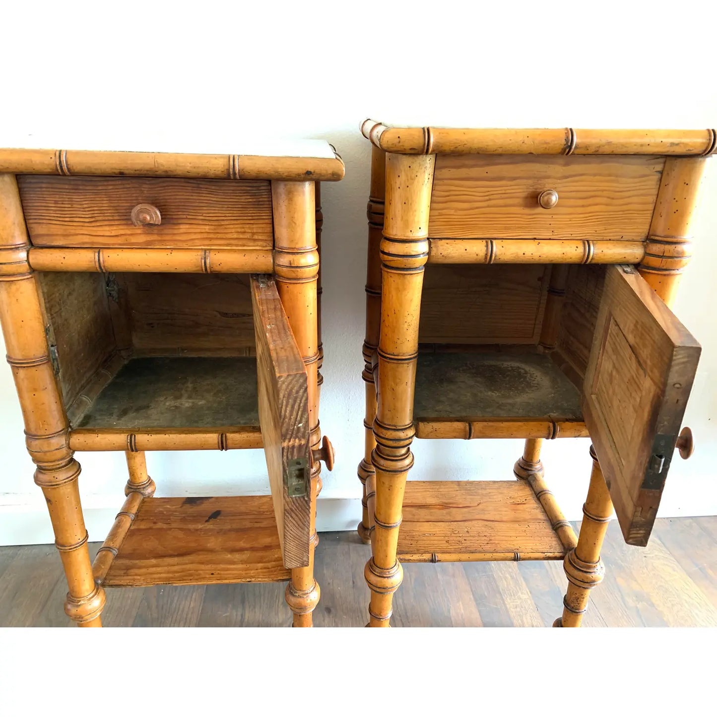 Early 20th Century French Colonial Fir and Marble Safari Style Side Tables - Set of 2
