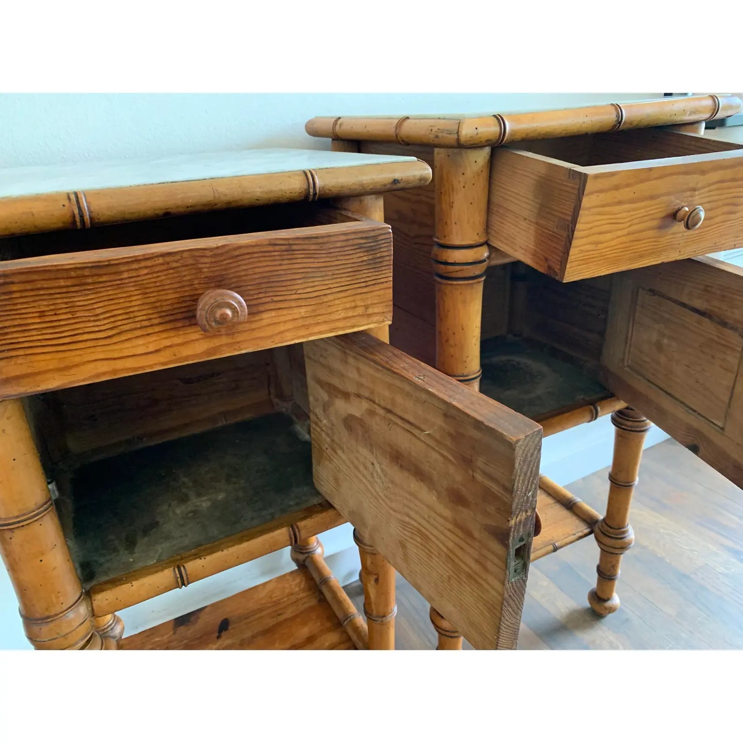 Early 20th Century French Colonial Fir and Marble Safari Style Side Tables - Set of 2