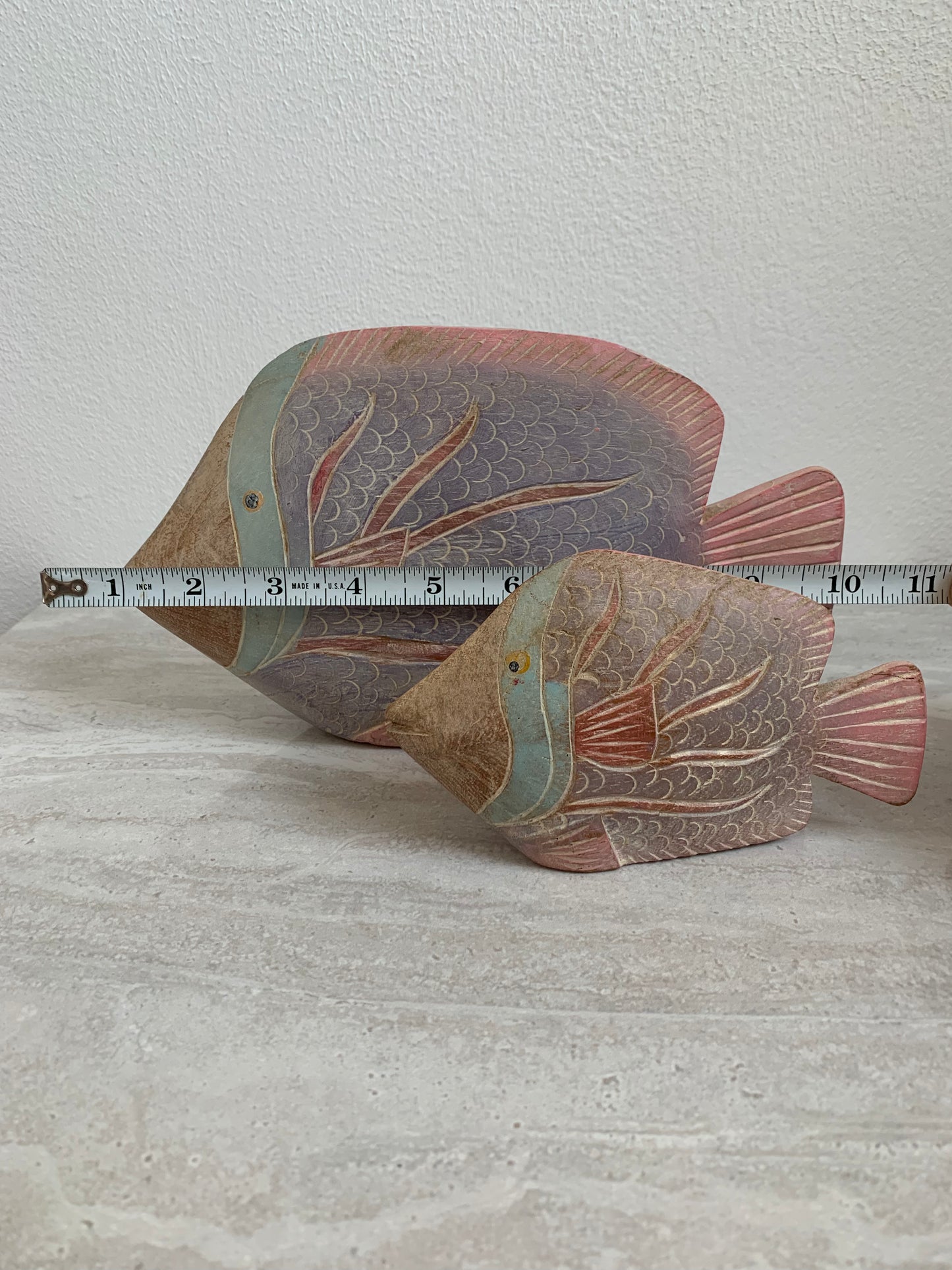 Vintage 1980s Teakwood Tropical Fish Sculptures Painted in Pastel