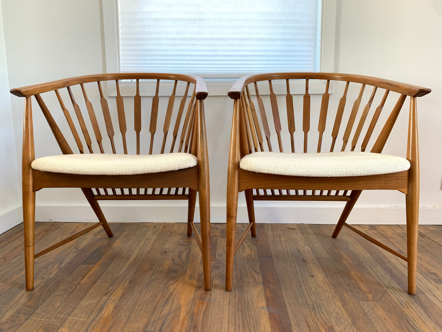 Mid-Century Modern Walnut Spindled Drexel Declaration Captain's Chairs - a Pair