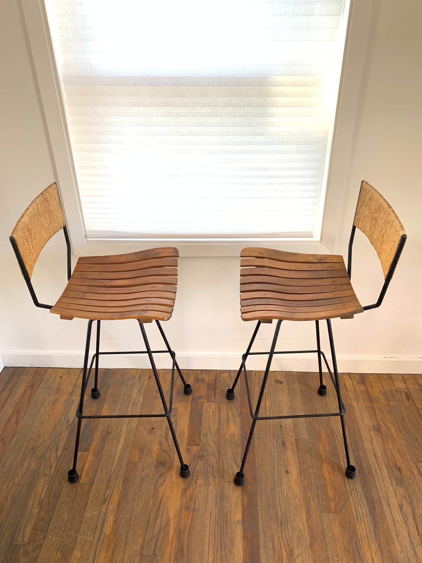 Mid-Century Modern Arthur Umanoff Mid Century Roped, Wood Slat & Iron Bar Stools
