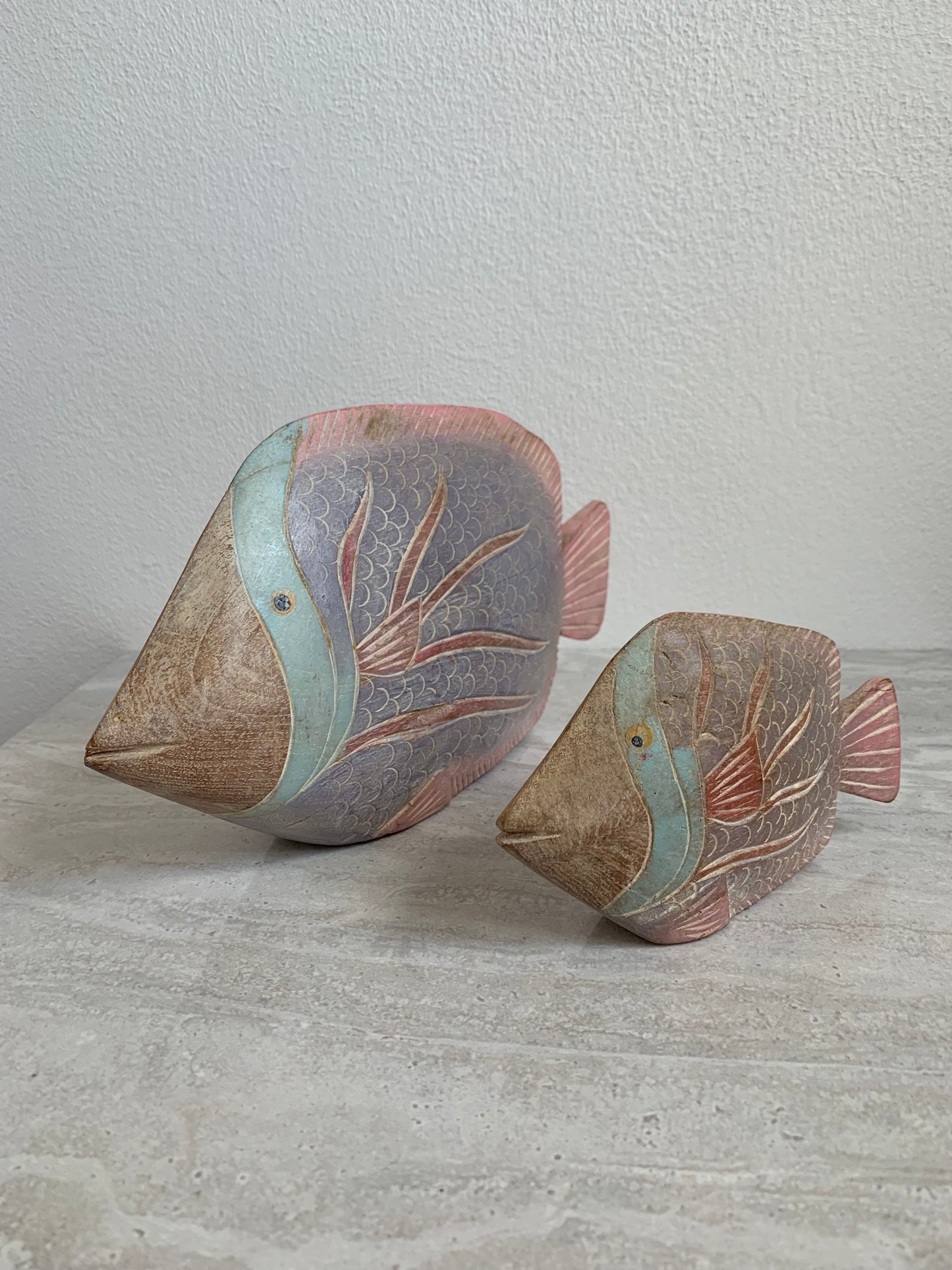 Vintage 1980s Teakwood Tropical Fish Sculptures Painted in Pastel
