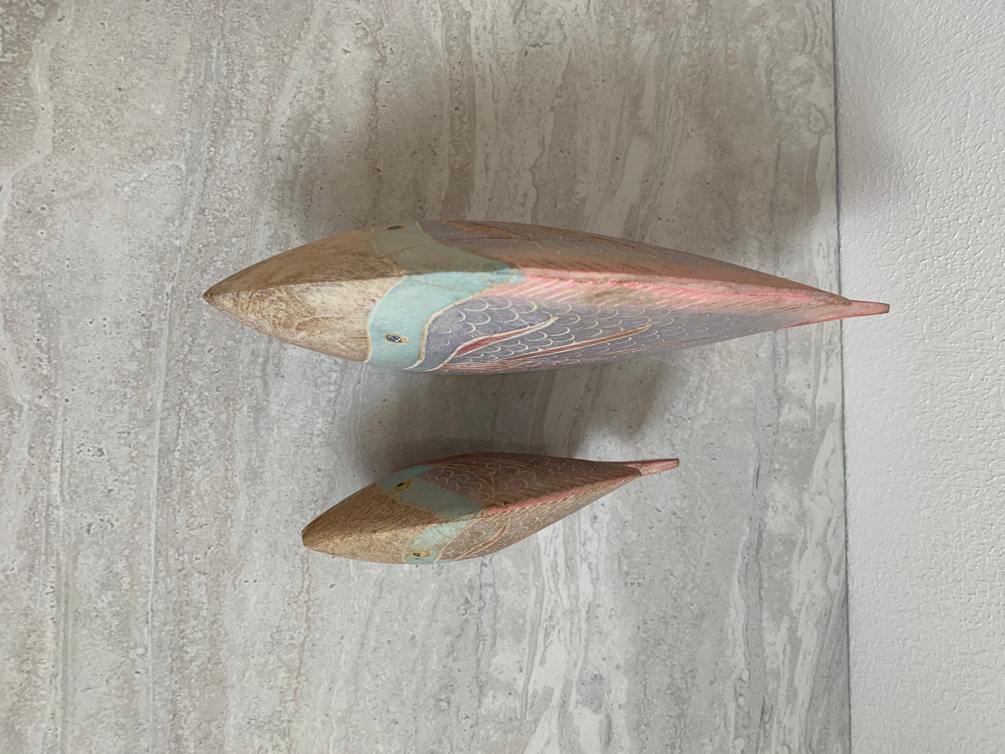 Vintage 1980s Teakwood Tropical Fish Sculptures Painted in Pastel