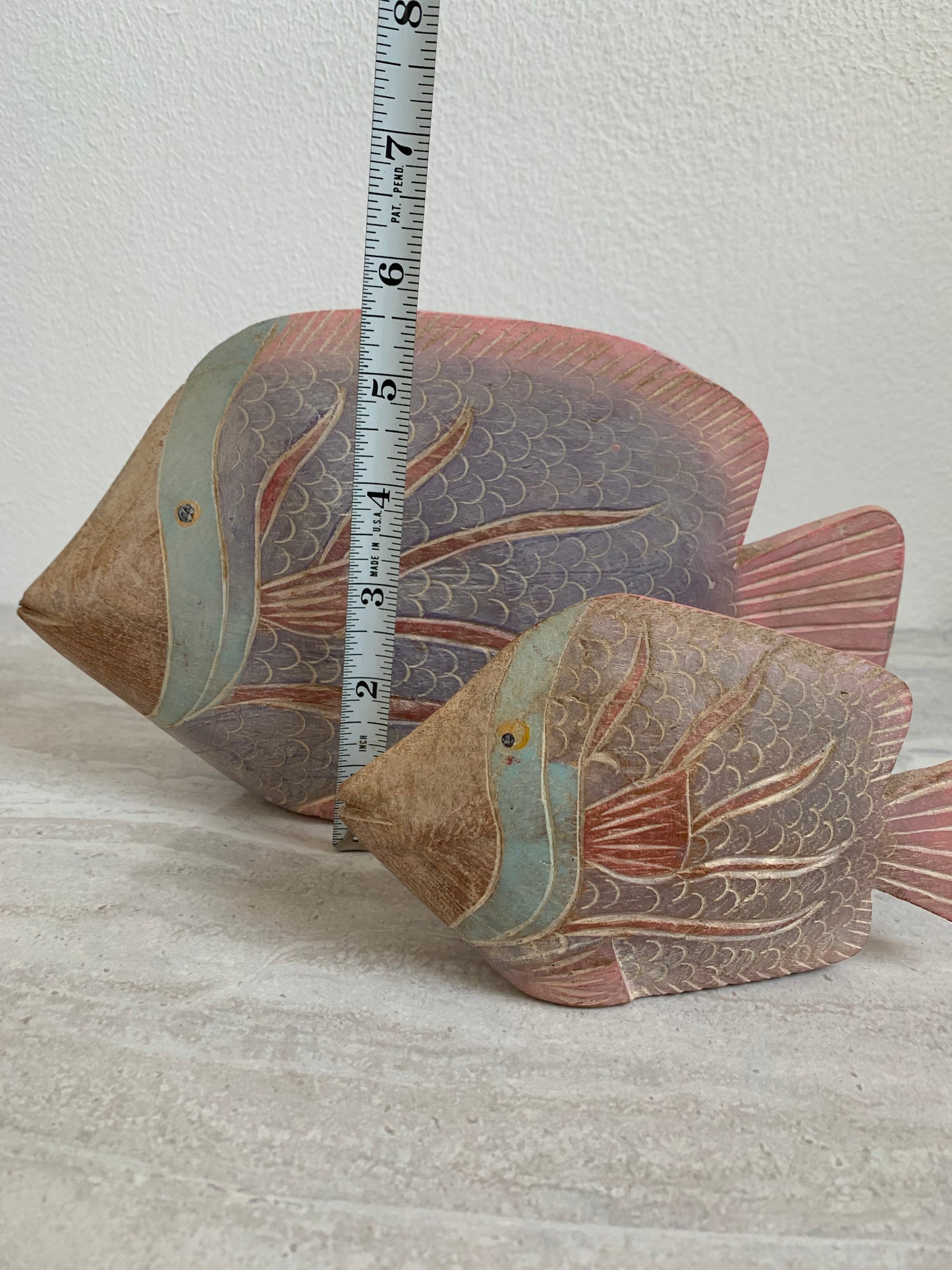 Vintage 1980s Teakwood Tropical Fish Sculptures Painted in Pastel