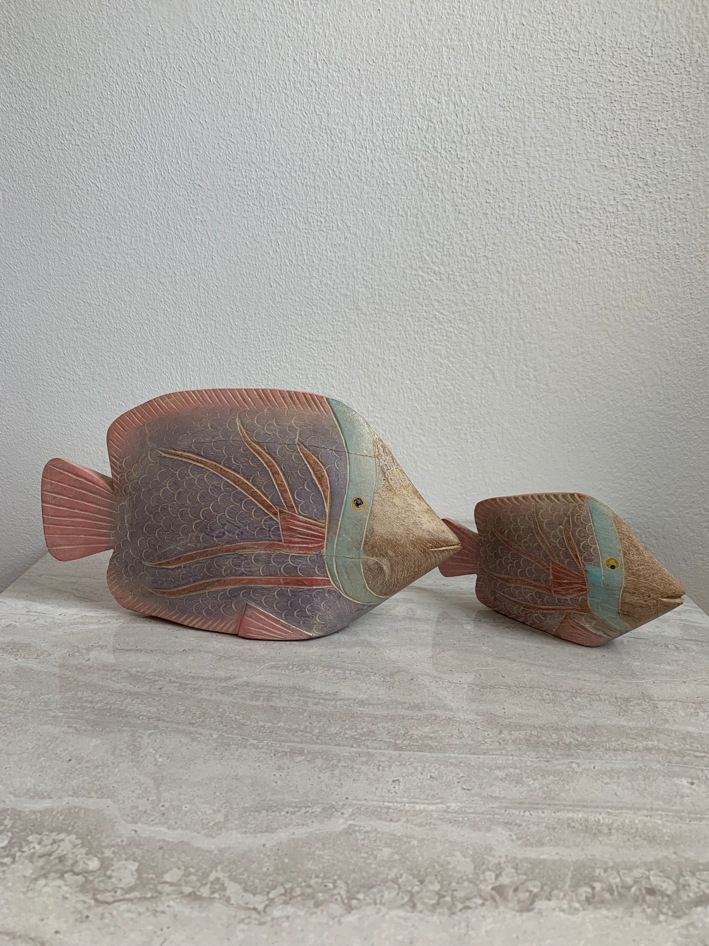 Vintage 1980s Teakwood Tropical Fish Sculptures Painted in Pastel