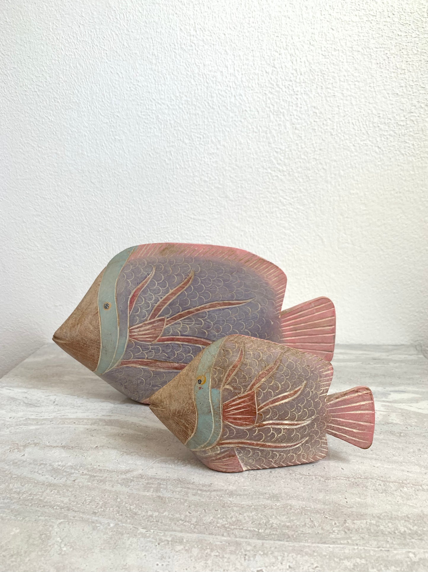 Vintage 1980s Teakwood Tropical Fish Sculptures Painted in Pastel