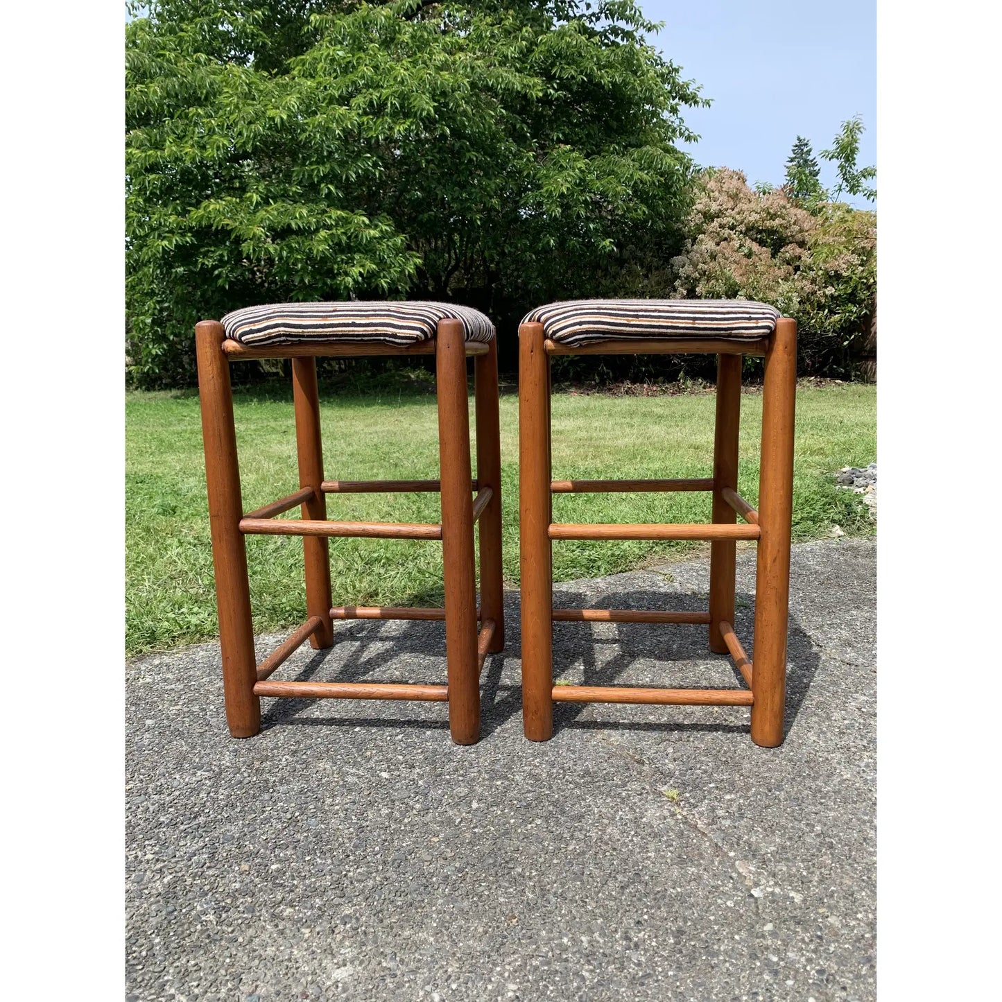 Late 20th Century Solid Wood Bar Stools Brunschwig & Fils Upholstery - Set of 2