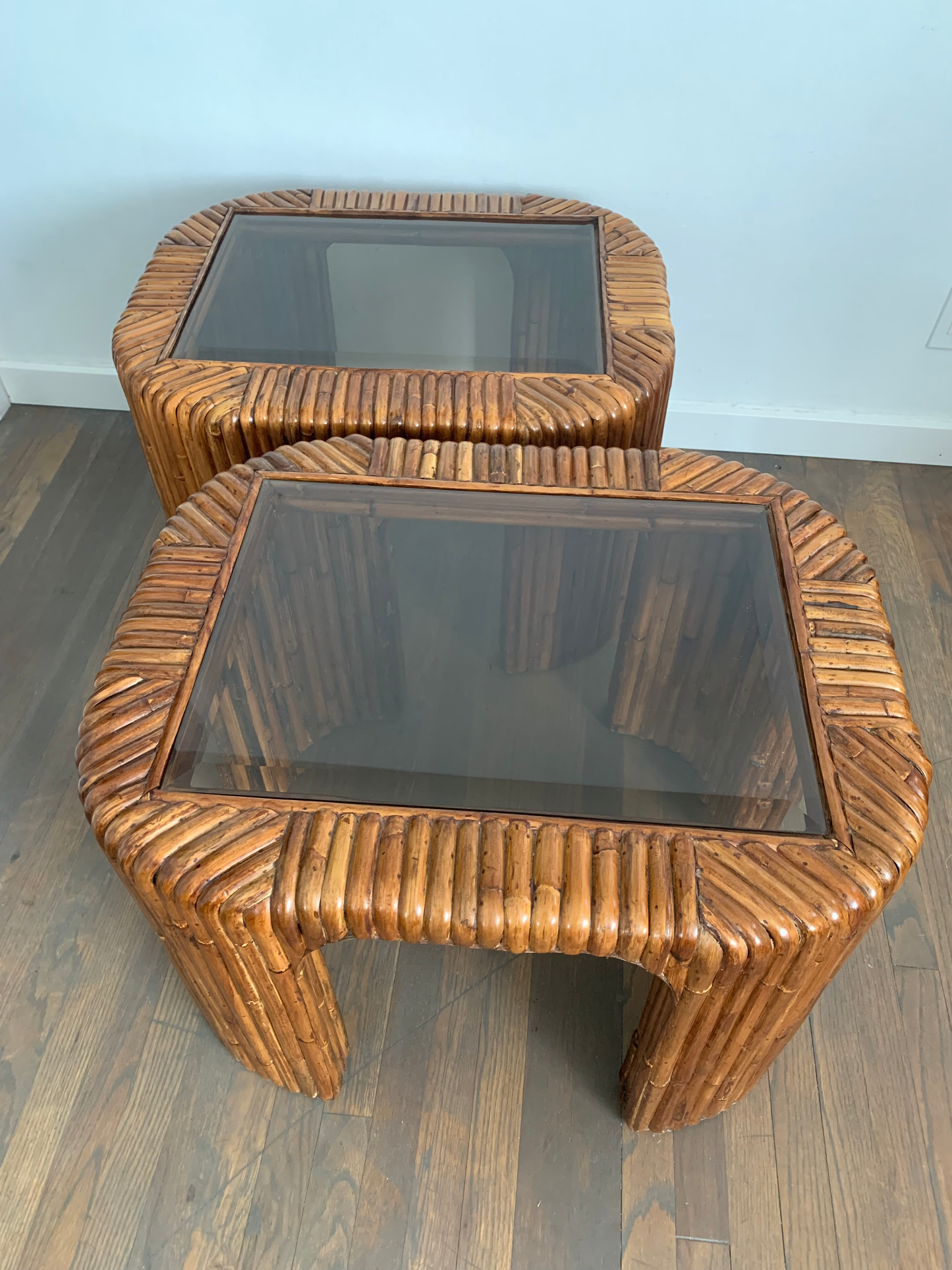 Late 20th Century Split Reed Bamboo Rattan Smoked Glass Waterfall Side Tables - a Pair