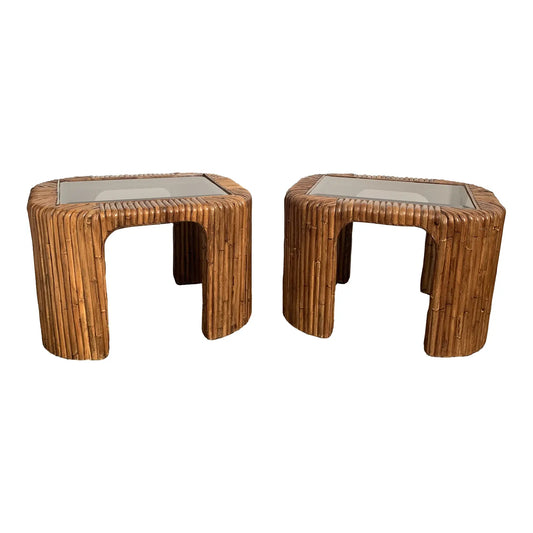 Late 20th Century Split Reed Bamboo Rattan Smoked Glass Waterfall Side Tables - a Pair