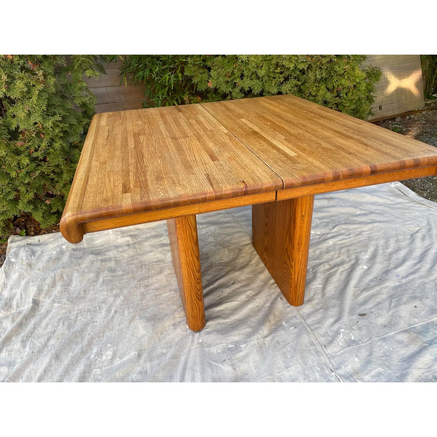 Vintage Modern Butcher Block Oak Scroll Edge Expandable Dining Table