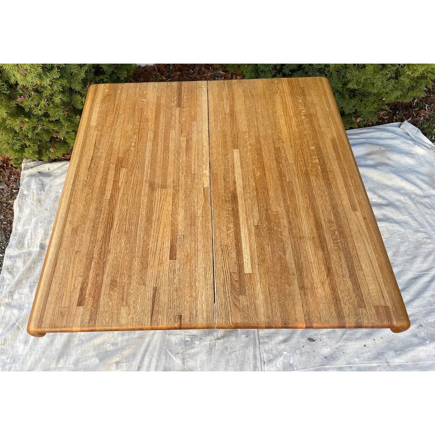 Vintage Modern Butcher Block Oak Scroll Edge Expandable Dining Table