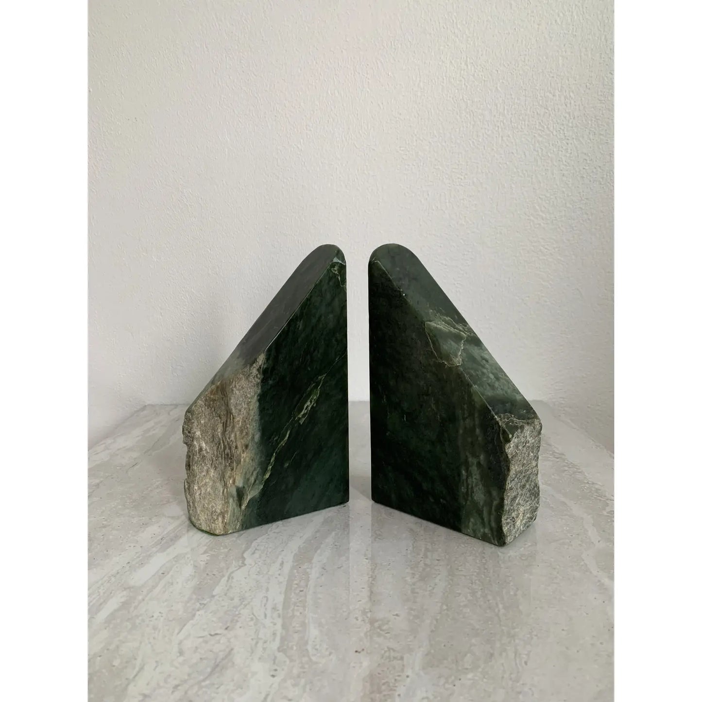 Mid-Century Green Live Edge Marble Bookends- a Pair