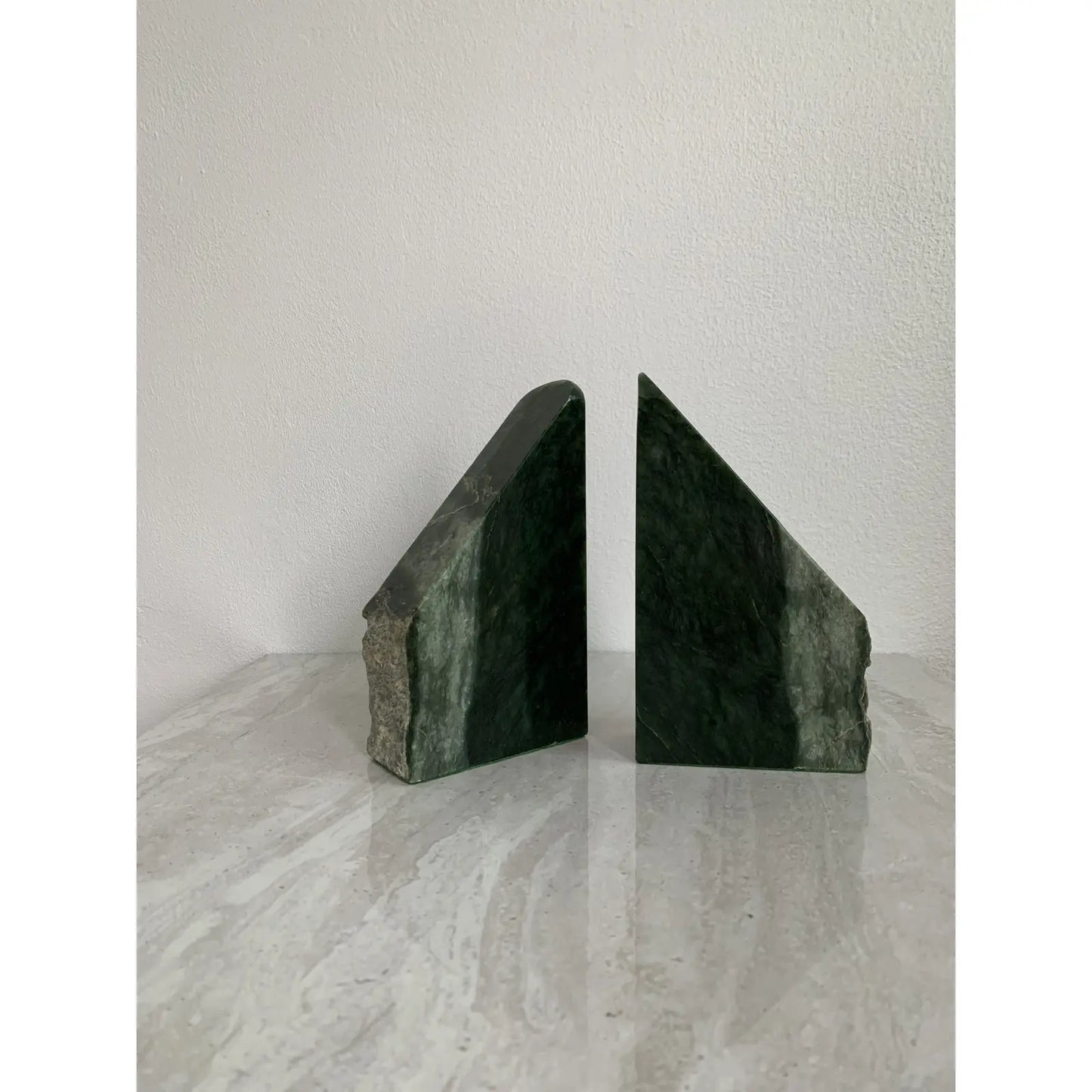 Mid-Century Green Live Edge Marble Bookends- a Pair