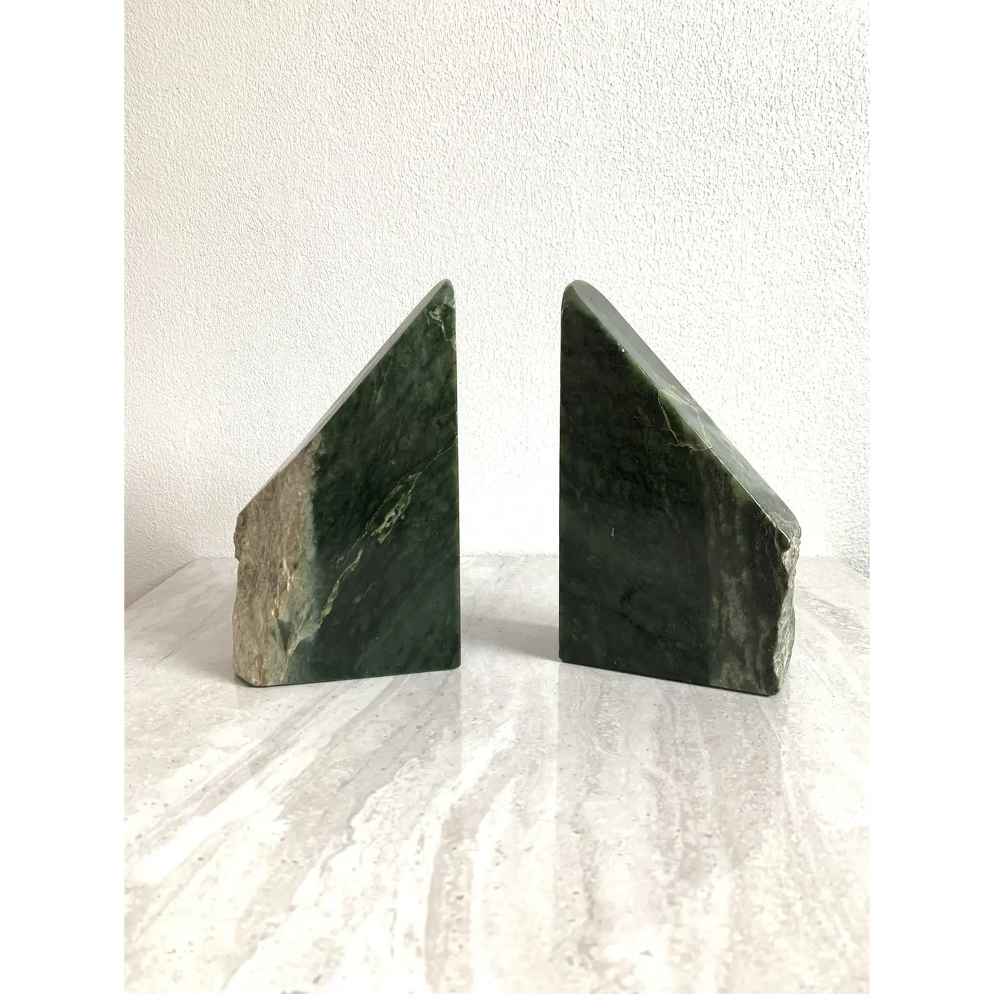 Mid-Century Green Live Edge Marble Bookends- a Pair