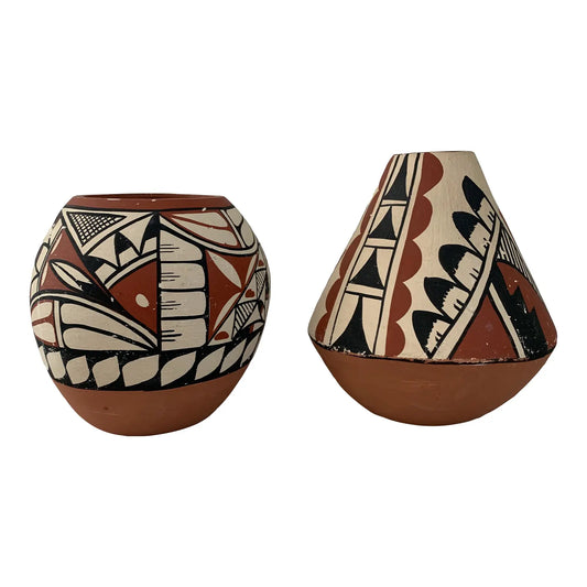 Mid 20th Century Jemez Pueblo Pottery Hand Painted Coil Pots