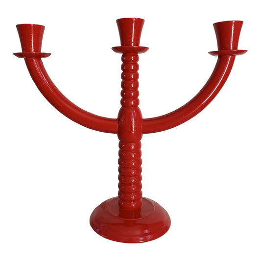Mid 20th Century Scandinavian Red Lacquered Wood Candelabra Made in Finland