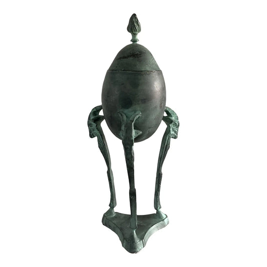 Mid 20th Century Vintage Brass Ram Lidded Egg Urn Footed Stand With Patina