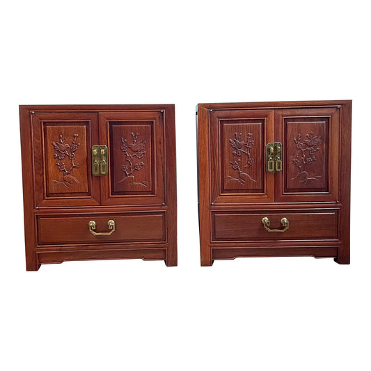 Mid 20th Century Vintage Chinoiserie Hand Carved Solid Rosewood End Cabinets - a Pair