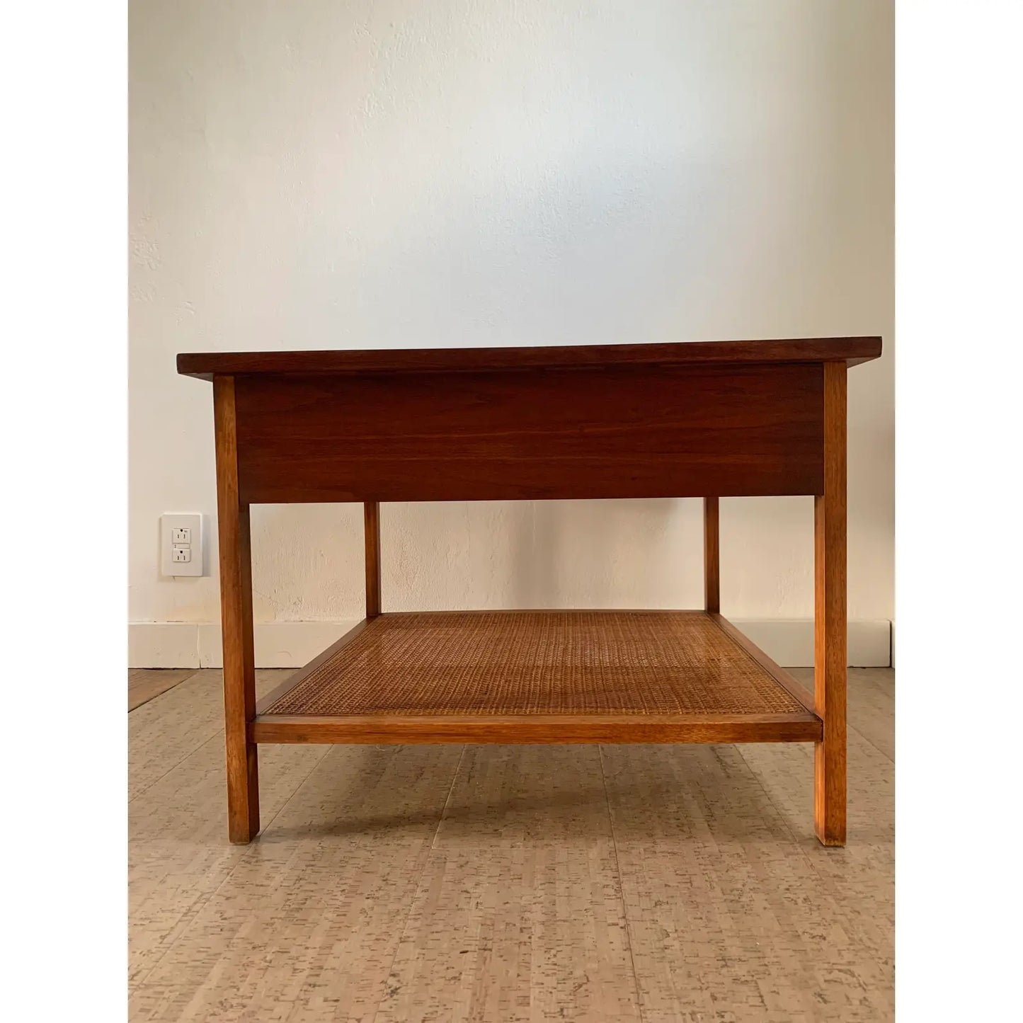 Mid 20th Century Walnut Side Table With Woven Cane Shelf