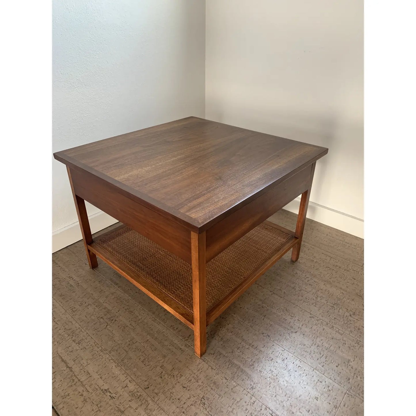 Mid 20th Century Walnut Side Table With Woven Cane Shelf
