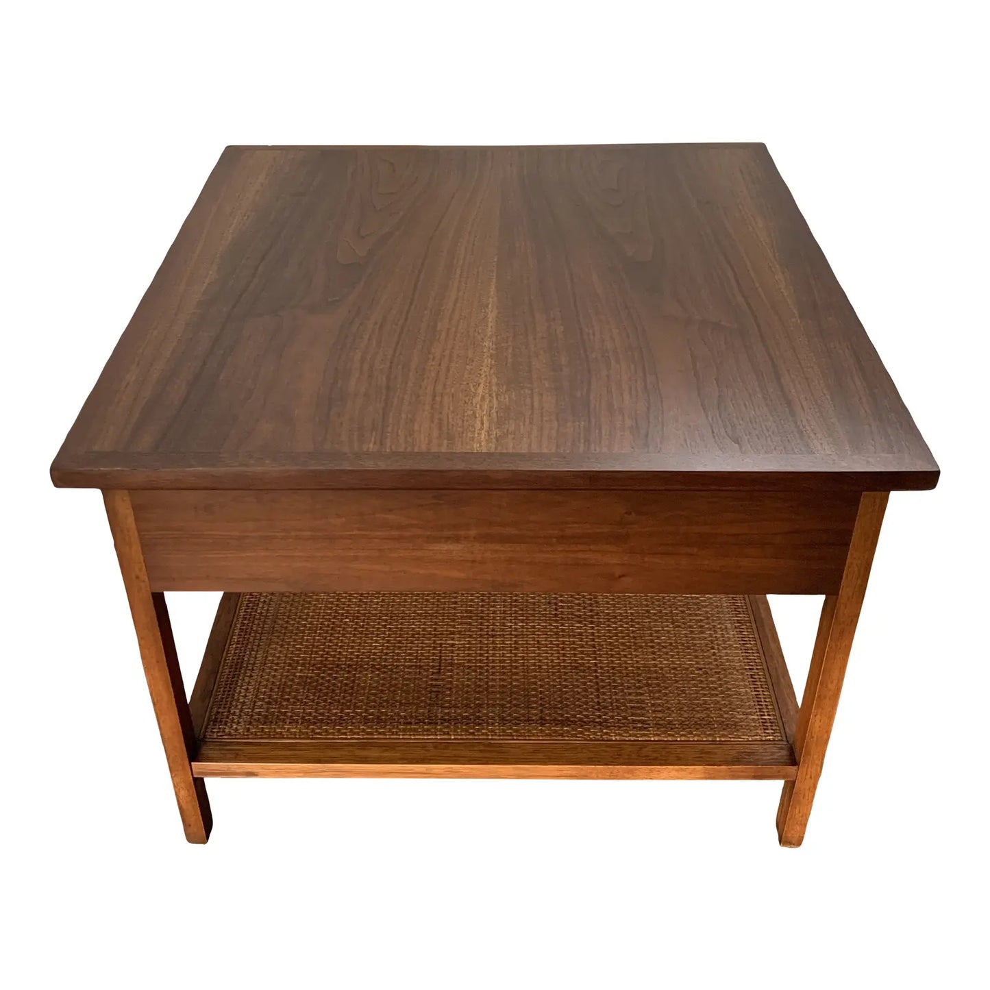 Mid 20th Century Walnut Side Table With Woven Cane Shelf