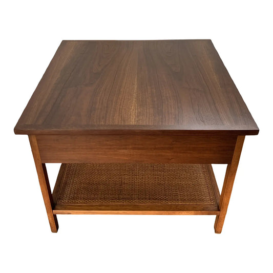 Mid 20th Century Walnut Side Table With Woven Cane Shelf