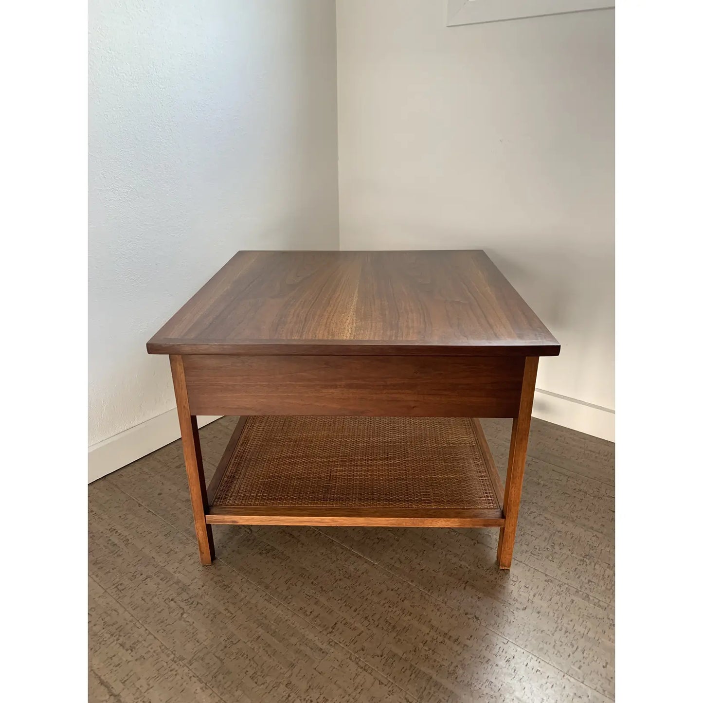 Mid 20th Century Walnut Side Table With Woven Cane Shelf