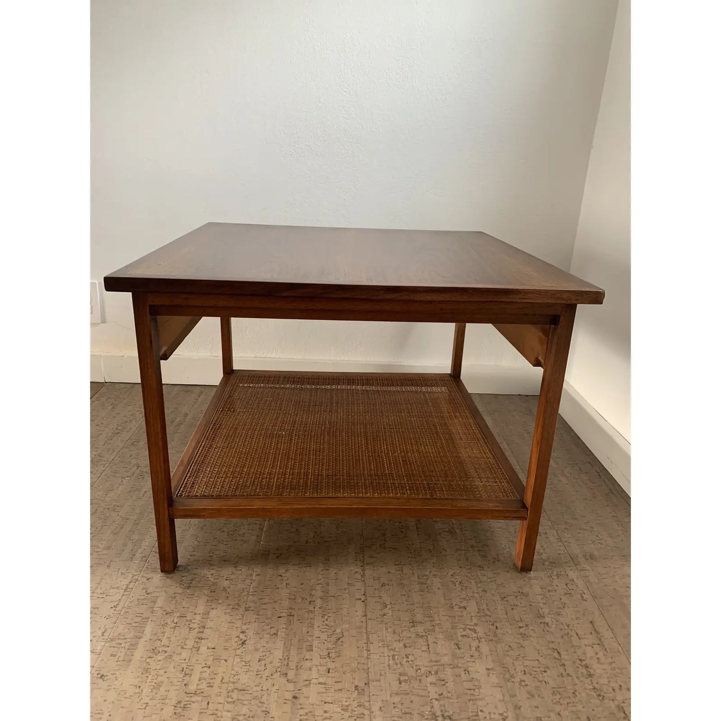 Mid 20th Century Walnut Side Table With Woven Cane Shelf